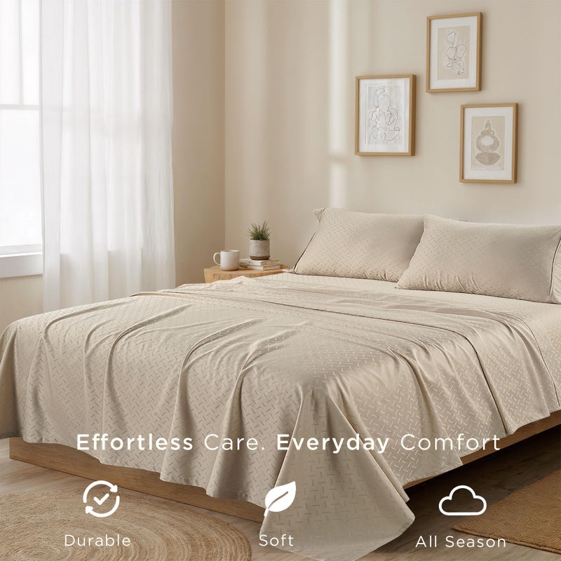 Threadmill Cotton Full Size Sheet Set | 100% Cotton Sheets for Full Size Bed | Damask Jacquard Full Bed Sheets Set with 16â€ Deep Pocket | Soft Sateen Weave 4-Piece Cooling Bedding Set | Beige - Image 5